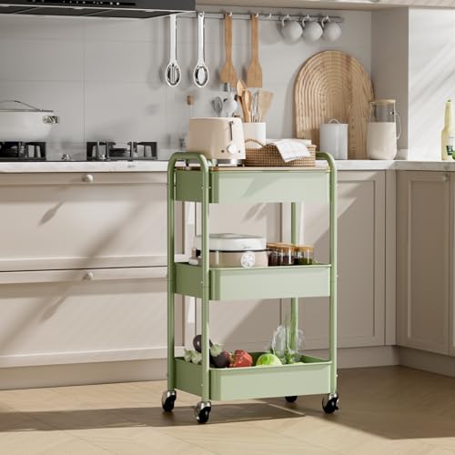3 Tier Rolling Cart with Table top, Metal Rolling Utility Cart, Sturdy Storage Organizer Cart with Locking Wheels & Hooks for Office, Classroom, Kitchen and Bathroom - color: Green