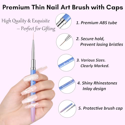 Makartt Nail Art Brushes Set: 5pcs Liner Brushes 7/9/11/15/25mm Thin Nail Art Design Brush with Cap Nail Polish Brush for Builder Gel 3D Nail Gel French Tip Tool Nail Painting | 7/9/11/15/25mm Thin Precision Tips, Ideal for 3D gel, Builder Gel, French Tip