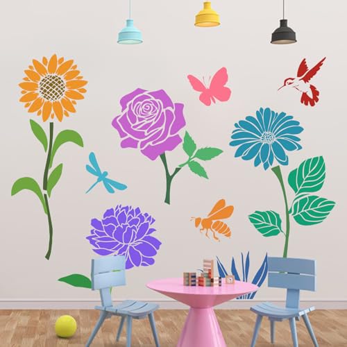 12 PCS Large Flower Painting Stencils, Reusable Sunflower Stencils for Painting on Wood Rocks Canvas Fabric Glass Pottery DIY Painting Art Projects - style: 12PCS Large Flower