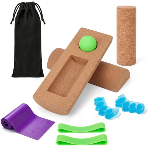 Cork Balance Board, 4-in-1 Foot & Ankle Strengthener Kit with Massage Roller, Ball, Resistance Bands & Toe Separators, Premium Balance Trainer for Physical Therapy, Plantar Fasciitis Relief & Stability Training