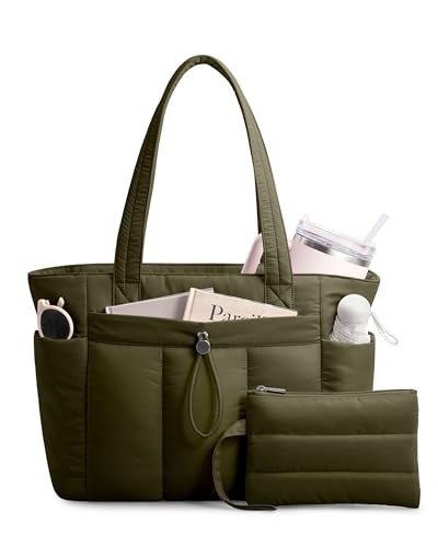 TOPDesign Puffy Tote Bag for Women with Cup Holder & Laptop Compartment & Cosmetic Bag & Trolley Sleeve for Work, Travel - color: Dark Green, size: Medium