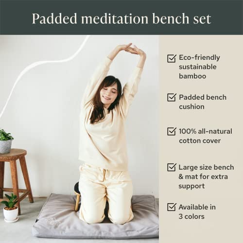 Mindful Modern Bamboo Bench and Zabuton Meditation Mat Bundle - Small Kneeling Meditation Bench with Locking Magnetic Hinges - Wooden Kneeling Ergonomic Bamboo Seiza and Mat for Meditation