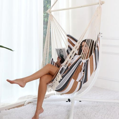 Chihee Hammock Chair Foot Rest 2 Cushions Max 485 lbs Metal Spreader Bar | Robust Hanging Chair Soft Cotton Blended Swing Collapsible Easy Storage Strong Strap Iron Carabiner Pocket Indoor Outdoor - color: Brown Stripes