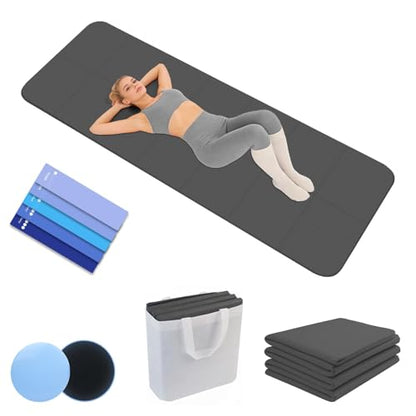 Foldable Yoga Mat with Resistance Band & Sliding Discs, 0.24" Thick Eco-Friendly TPE Non-Slip Workout Mat, Portable for Yoga, Pilates, Home Gym & Travel (72." x 24" x 0.24") - color: Black