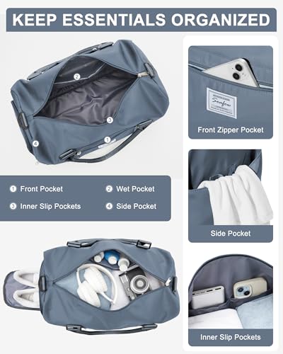 Gym Bags Womens Mens with Shoes Compartment and Wet Pocket Travel Duffel Bag for Women for Plane Sport Gym Tote Bags Swimming Yoga Waterproof Weekend Overnight Carry on Bag Hospital Holdalls - color: A8-Grey Blue