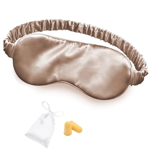 Silk Sleep Mask Eye Mask Blindfold with Double Layer Silk Filling and Elastic Strap for Full Night's Sleep, Travel and Nap, Soft Eye Cover Eyeshade with Luxury Bag and Ear Plugs by OLESILK (Camel) - color: Camel