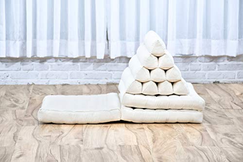 Leewadee - Comfortable Japanese Floor Mattress - Thai Floor Bed with Triangle Cushion - Futon Mattress - Thai Massage Mat, 67 x 21 inches, Ecru, Kapok Filling | Floor & lounge cushion for relaxing, reading & TV - for meditation & yoga, firm & stable - col