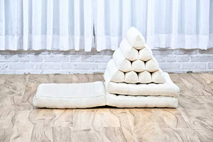 Leewadee - Comfortable Japanese Floor Mattress - Thai Floor Bed with Triangle Cushion - Futon Mattress - Thai Massage Mat, 67 x 21 inches, Ecru, Kapok Filling | Floor & lounge cushion for relaxing, reading & TV - for meditation & yoga, firm & stable - col