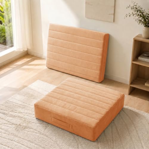 JKMAX 2 Pcs High Density Foam Floor Pillow - Upgraded Large Pillows Seating for Adults - Outdoor Floor Cushion with Soft Tufted Cover - Yoga Pillows for Sitting On Floor - 22 Inch Orange - color: Orange, size: 2 Counts
