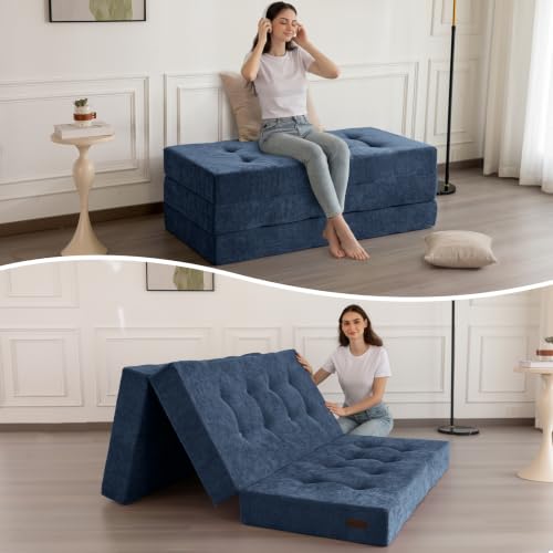 MAXYOYO 6" Folding Sofa Bed for Floor, Tufted Tri-Fold Floor Mattress | Queen Size Portable Sofa Couch Guest Mat with Chenille Fabric for Adults, Foldable Topper for Camping, Dusty Blue, Queen - color: Dusty Blue, size: Queen