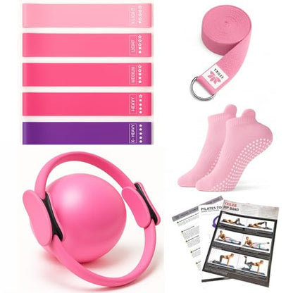 YXILEE Pilates Ring Circle Set - Workout at Home Workout Equipment Women - Booty Bands Stretching Equipment Pilates Mini Exercise Ball for Legs Arms and Thighs - color: Pink