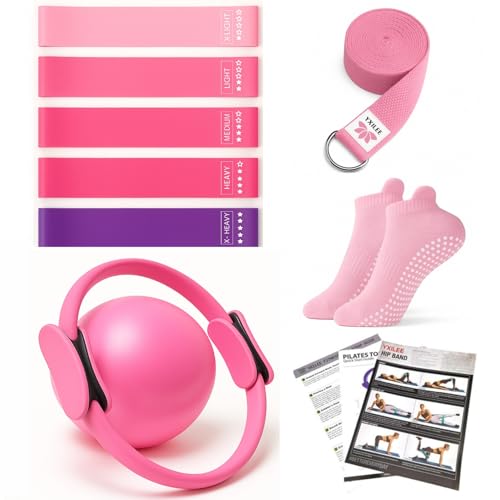 YXILEE Pilates Ring Circle Set - Workout at Home Workout Equipment Women - Booty Bands Stretching Equipment Pilates Mini Exercise Ball for Legs Arms and Thighs - color: Pink