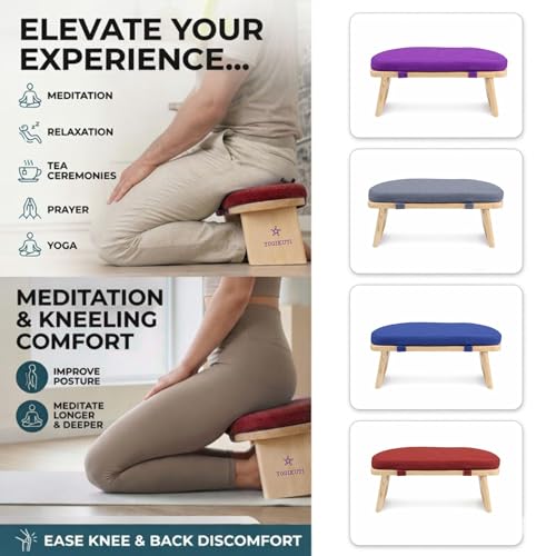 Yogikuti Folding Meditation Bench, Purple | Removable Cushion, Wooden Seiza Kneeling Stool, Ergonomic Meditation Seat, for Home & Yoga Studio, Comfortable Posture (Maroon) - color: Maroon