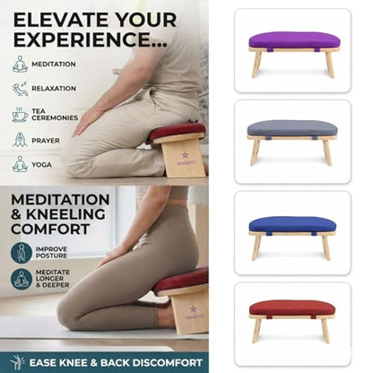 Yogikuti Folding Meditation Bench, Purple | Removable Cushion, Wooden Seiza Kneeling Stool, Ergonomic Meditation Seat, for Home & Yoga Studio, Comfortable Posture (Maroon) - color: Maroon