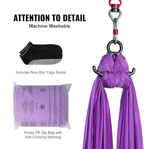 Happybuy Aerial Silk & Yoga Swing, 8.7 Yards, Aerial Yoga Hammock Kit, 100gsm Nylon Fabric, Full Rigging Hardware, Purple, Antigravity Flying for All Levels