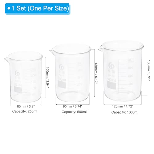 PATIKIL 250/500/1000ml Low Form Glass Beaker, 3Pcs 3.3 Borosilicate Glass Beakers Graduated Measuring Cup with Spout for Lab Experiment, Cooking and Baking, Clear - size: 250/500/1000ml