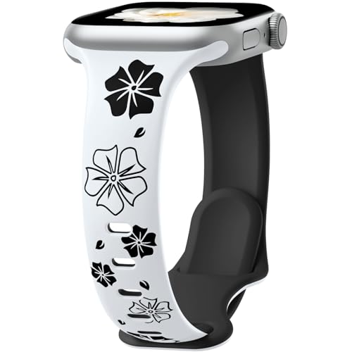 Lerobo Slim Thin Two-Tone Compatible with Apple Watch Band 40mm 38mm 41mm 42mm 44mm 45mm 46mm 49mm for Women- Soft Cute Flower/Heart Engraved Sport Band for iWatch Series 11 10 9 8 7 6 5 4 3 SE Ultra - color: C White/Black, size: 44mm/45mm/46mm/49mm/(42mm