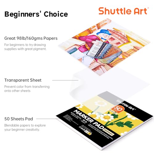 Shuttle Art Marker Pad, 8.3”x7.67” Portable Square Sketchbook, 50 Sheets Marker Drawing Paper, 98LB/160GSM Smooth Surface Bleedproof Art Paper, Glue-Bound, Great for Beginners to Draw, Paint & Sketch - size: 8.3x7.67 inch