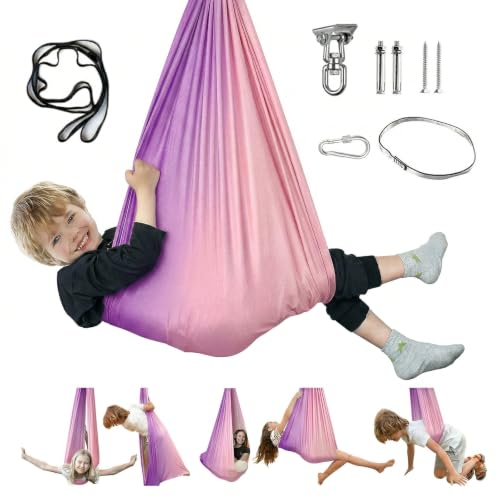 Aokitec Sensory Swing for Kids & Adult, Indoor Outdoor Cuddle Hammock Chair | Therapy swing, Special Needs, Autism, ADHD, Adjustable, Soft Nylon 300LB Capacity, 360 Swivel Hanger, All Hardware Included - color: Purple+pink