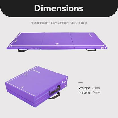 BalanceFrom 6x2 Feet 3-Panel Folding Gymnastics Mat – 1.5-Inch Thick Pad with Vinyl Surface and Carrying Handles for Tumbling, Yoga, Pilates, Home Workouts, and Martial Arts - color: Purple