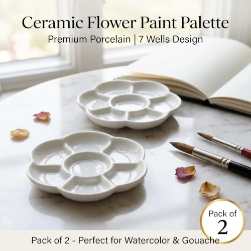 Ceramic Flower Paint Palette, Porcelain, 3 Inch, 7 Wells, for Watercolor, Gouache & Oil Painting, Pack of 2