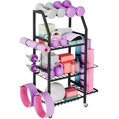 Homeiju Dumbbell Rack, Weight Rack for Home Gym, Yoga Mat Storage Holder with Lockable Wheels, Dumbbell Stand with Hooks, All in One Work out Equipment Storage for Yoga Mat Dumbbell and Balls - size: 4-Tier