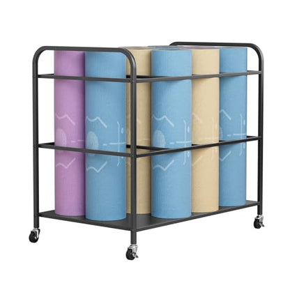 Yoga Mat Storage Rack with Wheels, 12 Mats Capacity Home Gym Organizer, 3-Tier Rolling Fitness Equipment Holder with Bottom Shelf for Yoga Mats, Foam Rollers, Exercise Accessories