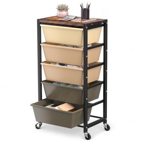 Rolling Cart with 5 Drawers, Plastic Drawer Storage Carts with Wheels & Wooden Tabletop, Metal Utility Cart for Office Bedroom Living Room Classroom, Craft Organization and Storage, Brown - color: Brown