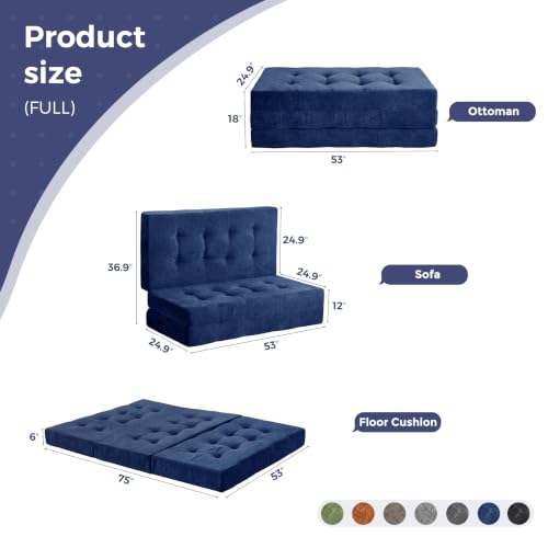 MAXYOYO 6" Folding Sofa Bed for Floor, Tufted Tri-Fold Floor Mattress | Full Size Portable Sofa Couch Guest Mat with Chenille Fabric for Adults, Foldable Topper for Camping, Navy, Full - color: Navy, size: Full