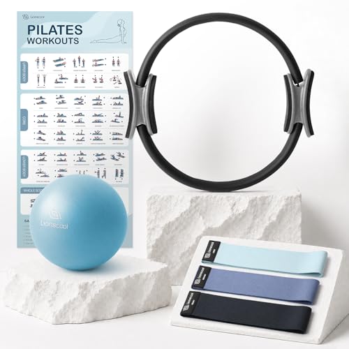 LIONSCOOL Pilates Ring Set 14" Magic Circle, 9" Mini Ball, Resistance Bands - color: Black