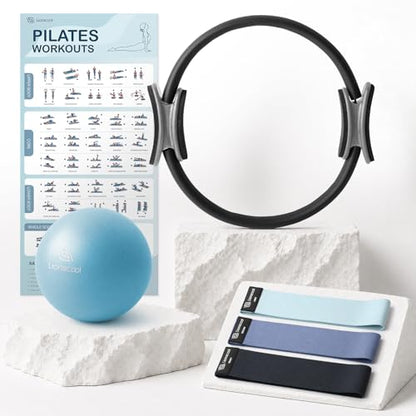 LIONSCOOL Pilates Ring Set 14" Magic Circle, 9" Mini Ball, Resistance Bands - color: Black