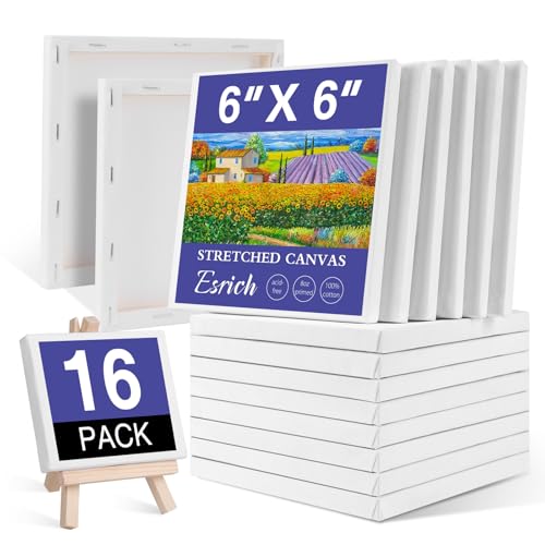 ESRICH Small Stretched Canvas for Painting 6x6 inch, 2/5''Profile Art Primed 16 Pack Canvases for Painting, Cotton Small Professional Blank Paint Canvas for Kids and Art Supplies, for Acrylics, Oils. - size: 6x6in-16 Packs