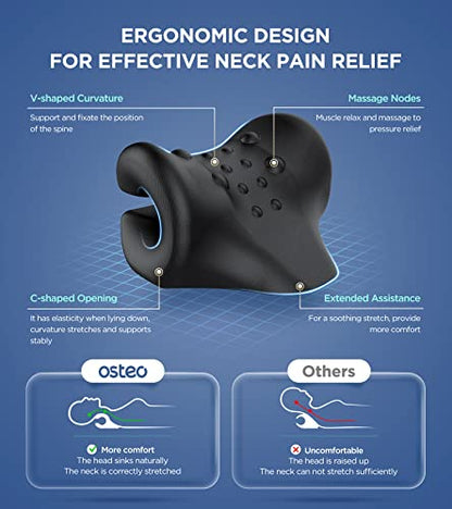 Osteo Neck Stretcher with Magnetic Therapy Cover, 2 Modes[Gentle/Strong] Pain Relief Cervical Traction Device, No Smell Neck and Shoulder Relaxer, Chiropractic Pillow for TMJ Headache Spine Alignment - color: Black