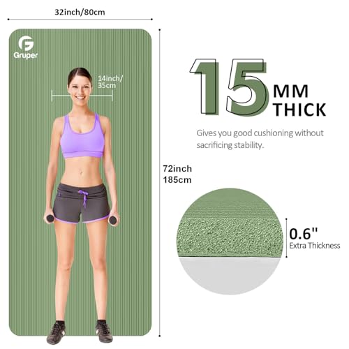 Gruper Yoga Mat Non Slip NBR Extra Thick Yoga Mat, 72"L x 32"/24"W x 0.6"/0.4"TH (185cm x 80cm/61cm x 15mm/10mm), Anti-Tear Exercise Mat with Carrying Strap and Bag, Workout Mats for Yoga, Pilates - color: Matcha, size: 72 x 32 x 0.6 inches
