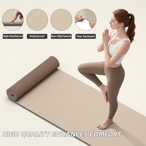 ILILI 10mm Extra Thick, TPE Yoga Mat, 76×28 Inch Extra Long, Carrying Strap | Double‑Color, Non‑Slip, Eco‑Friendly, Cushioned for Yoga, Pilates, Floor Exercise, Home Fitness, Outdoor Travel - color: Beige+Brown