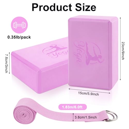 2 Yoga Block and 2 Yoga Strap Set,Non-slip EVA Foam Blocks, High Density Yoga Bricks with 6ft Strap, Supportive Latex-Free Yoga Block Accessories for Pilates - color: Pink B
