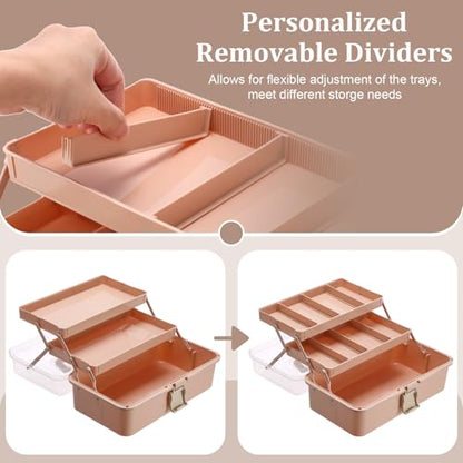 BTSKY 3-Layer Foldable Craft Organizer, Portable Tackle Box with Handle & Adjustable Dividers, Multi-Purpose Toolbox for Art Supplies, Sewing, Medicine, 12.2x6.7x5.7 Inch, Blush Pink - color: Blush Pink