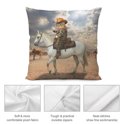 Funny Cat Cowboy Cat Riding Horse Throw Pillow Covers 18x18 Inch - color: Funny Cat Cowboy Cat Riding Horse