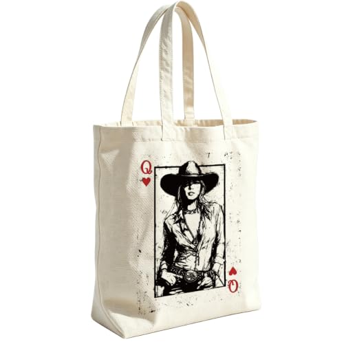 VICBOU Western Cow Skull Canvas Tote Bag for Women Girls, Cowgirl Shoulder Bag with Pocket for Beach Shopping Work - color: Cowgirlcard