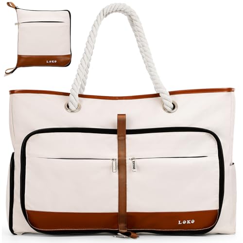 Beach Bag for Women - 35L Large Tote Bag, Waterproof & Sandproof, Zippered Carry On Bag for Pool, Beach & Travel - color: Beige