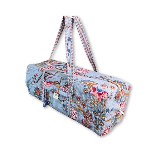 Large Capacity Handblock Printed Yoga Mat bag for Women, Gym Bag, Fits Yoga Blocks, Adjustable strap, Pilates, Gym, Fitness Block & Gear, Light and Durable - color: Frosted Bloom