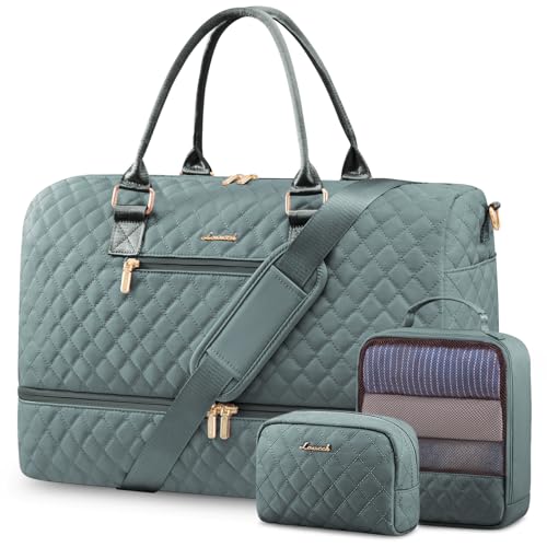 LOVEVOOK Travel Duffle Bag for Women, Weekender Overnight Bag with Shoe Compartment, Carry on Bag with Toiletry Bag, Gym Duffel Bag with Wet Pocket, Hospital Bags for Labor and Delivery 3 Pcs Set - color: Gray Green, size: Large