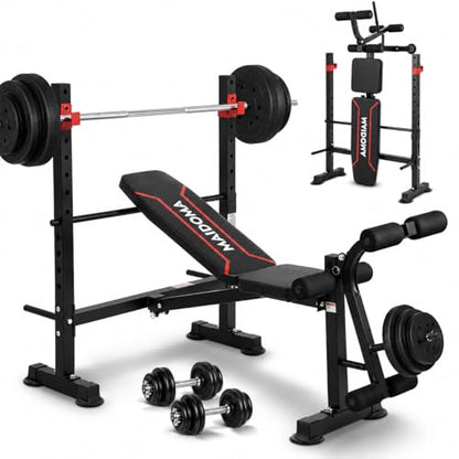 MAIDOMA Multi-Function 8 in 1 Foldable Weight Bench Set with Leg Extension - color: wine red