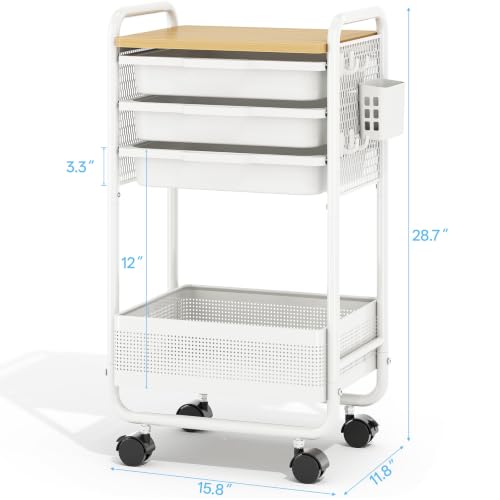 Metal Rolling Storage Cart with 3 Drawers - Utility Cart on Wheels with Pegboard & Wood Tabletop, Multifunctional Trolley Organizer with Hooks & Bin for Living Room,Bedroom,Craft Room,Office,Kids Room - color: Whtie