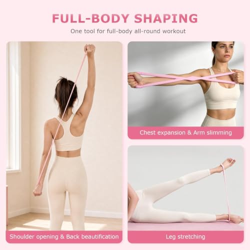 Figure 8 Resistance Bands 3 Pack, 21.6" Extra Long Elastic Exercise Bands with Handles, 15/25/35LB Stretching Band Set for Physical Therapy, Yoga, Pilates, Arm Back Shoulder Workout - color: Beige + Pink + Green