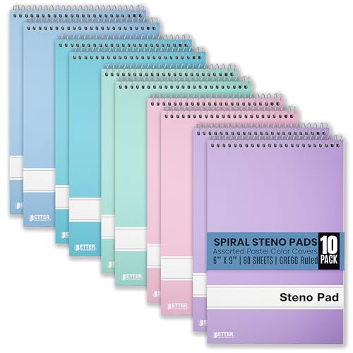 Better Office Products Steno Pads Spiral 6x9, 10 Pack, Gregg Ruled, 80 Sheets, Assorted Pastel Covers, Steno Notebooks Top Spiral for Note Taking