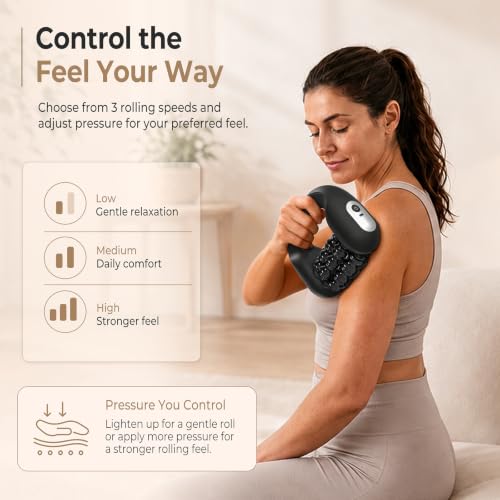 Rolling Percussion Massager with Hands-Free Dock | Electric Muscle Roller • Fitness Recovery • For Feet, Calves, Forearms, Back, Shoulders, Arms & Legs • 3 Speeds • Cordless
