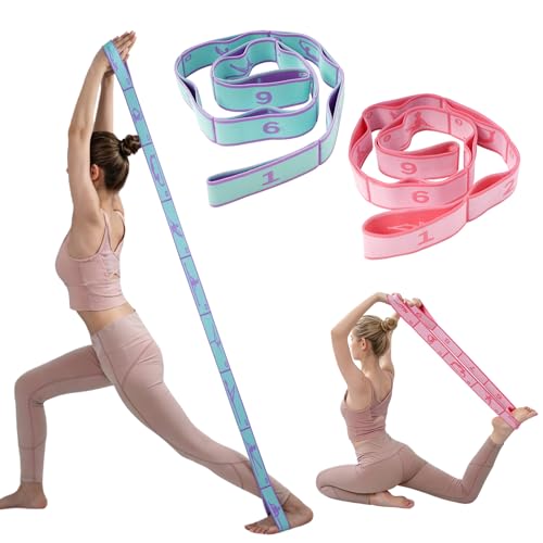 2 Pack 9-Loop Stretch Strap with Pose Guide Pattern, Elastic Yoga Band for Dance, Pilates, Gymnastics, Flexibility Exercise, Kids Workout Training, Youth Ballet Belt - color: Blue+Pink