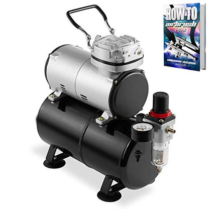 PointZero 1/5 HP Airbrush Compressor with Air Tank, Regulator, Gauge and Water Trap - Quiet Portable Pump Silver