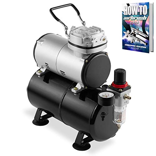 PointZero 1/5 HP Airbrush Compressor with Air Tank, Regulator, Gauge and Water Trap - Quiet Portable Pump Silver